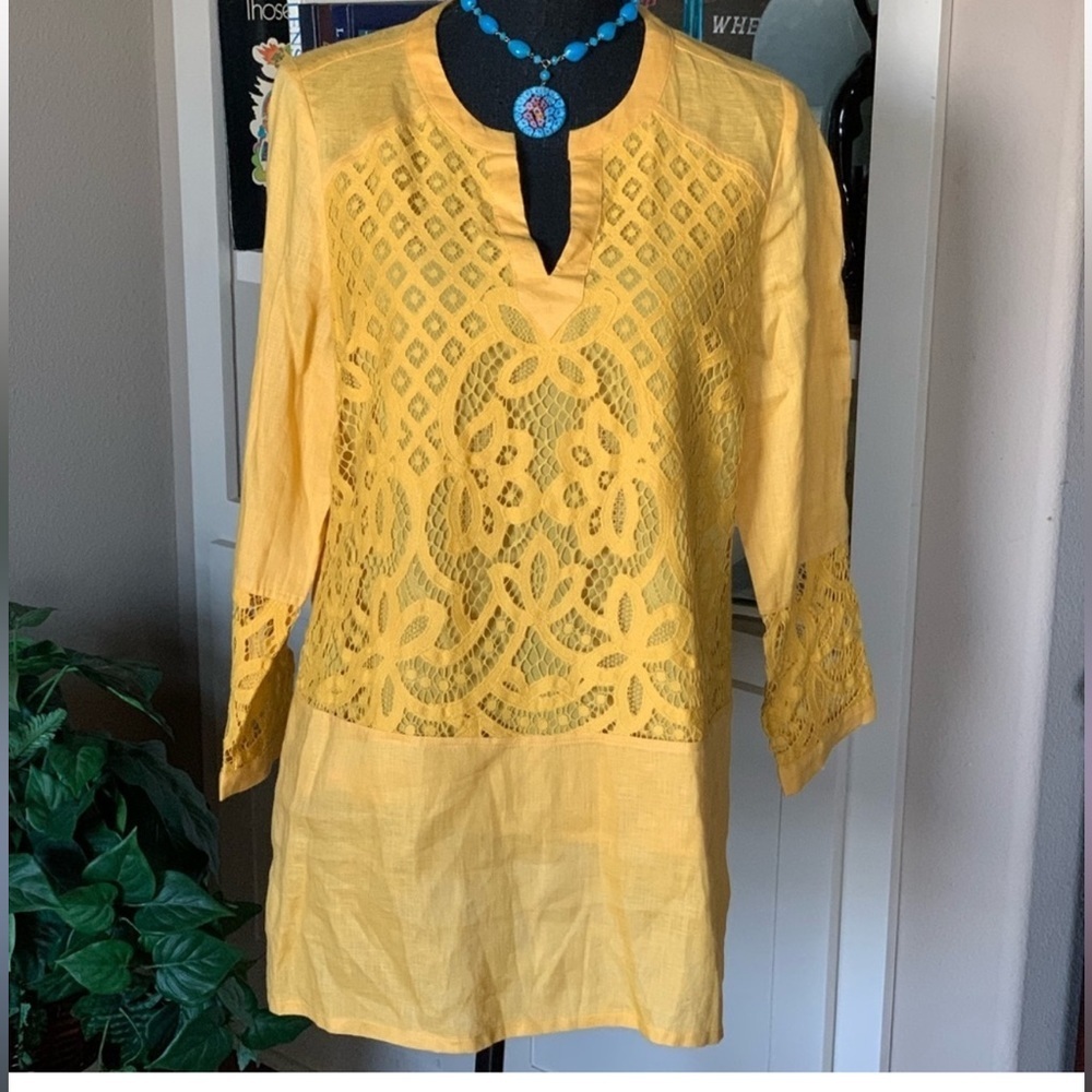 Chicoβs Linen Lace Tunic Top Yellow size 0β